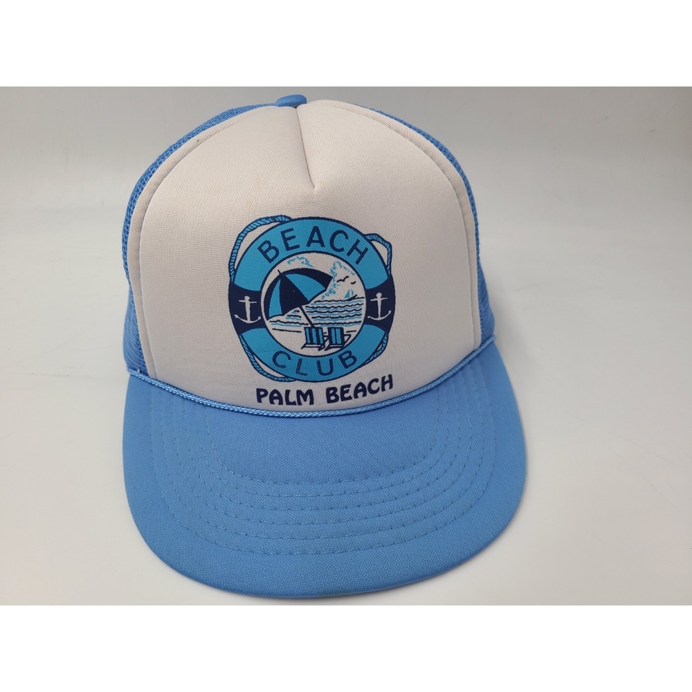 Vintage Beach Club Palm Beach Florida Mesh Trucker Snapback Hat Cap‎ White Blue